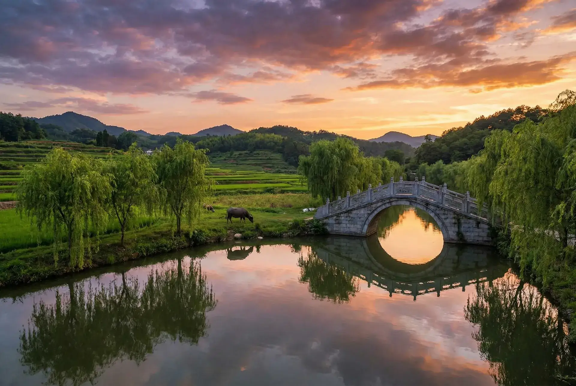 夕阳下的石拱桥与垂柳，水牛在河边吃草 - 陇泽罗拉 乡村美景